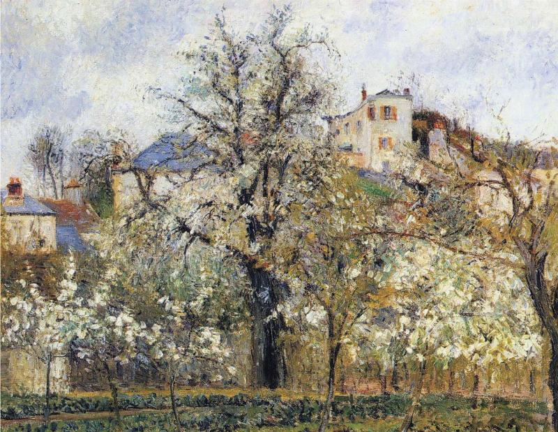 Paysage de campagne française baigné de lumière, typique des œuvres du peintre impressionniste français Pissarro.